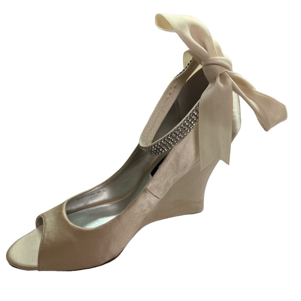 Nina Bar III-MMG Bow w/Rhinestone Open Toe Dress Formal Wedge Heel Size 8.5 EUC